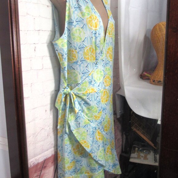 Lands' End Dresses & Skirts - LAND'S END LEMON PRINT WRAP DRESS  XL  RETRO, FLOUNCE HEM